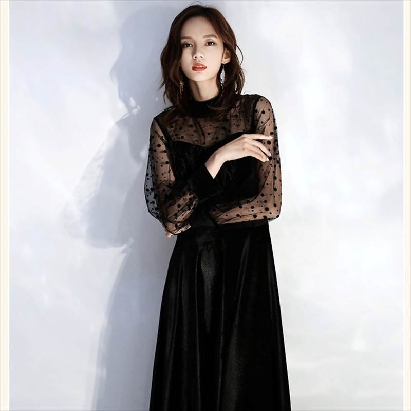 パーティードレス ロング ドレス 黒 大人可愛い 個性的 ドット柄 レディース 結婚式 二次会 お呼ばれ 演奏会 発表会 フォーマル ドレス ワンピース 華やか 長袖 シースルー 春 夏 秋 冬 小さ
