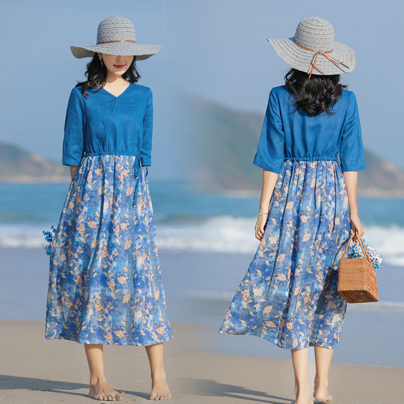 ロング丈　ブルーワンピース薄手　レディース 体型カバー着痩せ　母の日 プレゼント 新作　お洒落 キレイめ 　夏用　涼しい20代30代40代