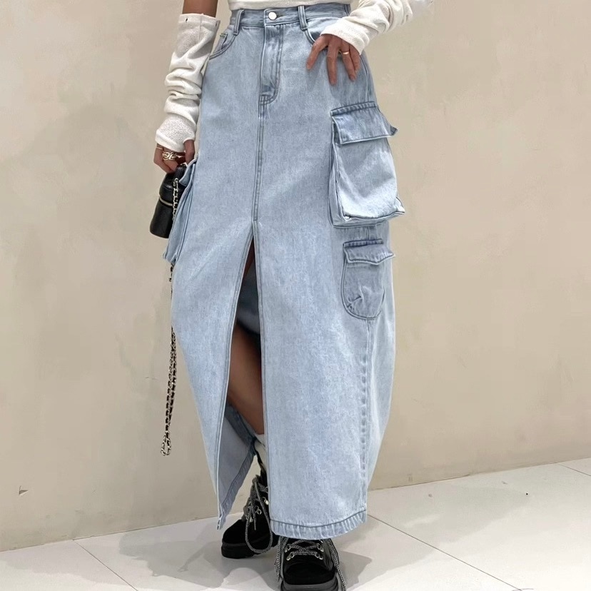 レディース スカート デニム ロング マキシ フェミニン ストリート スリット ポケット ハイウエスト ヴィンテージ アメカジ フロントスリット ブルーデニム かわいい 大人可愛い カジュアル