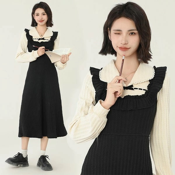 ベストセラーワンピース 長袖 ロング丈　可愛い かわいい 春 ニット ブラック Aライン レディース 柔らか お洒落 保温 通勤 普段着 デート ei250t2t2c6 4,868円