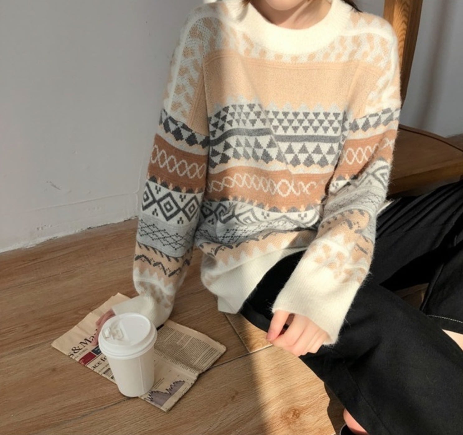 ノルディック柄ニット ビッグシルエット プルオーバー トップス デート セーター 長袖 ラウンドネック ニット かわいい 可愛い きれいめ カジュアル 上品 おしゃれ レトロ エスニック