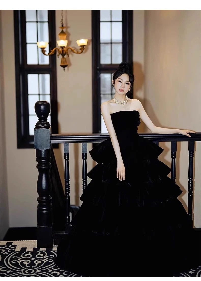 追加 ブラック ブルーイブニングドレス 贅沢 パーティードレス パーティー 司会者公演服 ワンピース