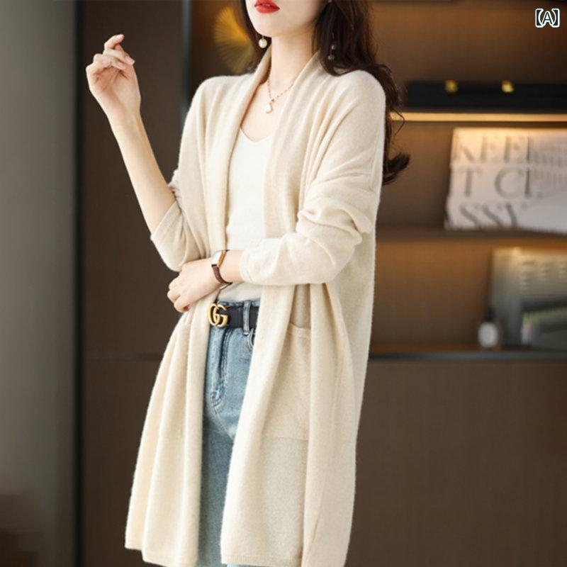 ニット レディース カーディガン おしゃれ カジュアル 大きめサイズ 秋冬 Vネック 丈 羽織 ショール ウール キャメル ブラック カーキ