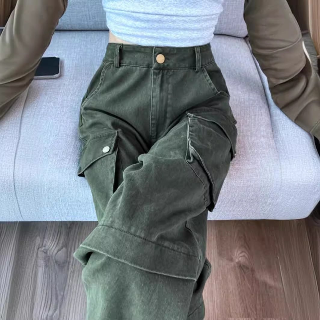 ミリタリー グリーン ストリート アメリカンストレート オーバーオール レディース 2024春 スモールデザイン デニム ワイドレッグパンツ