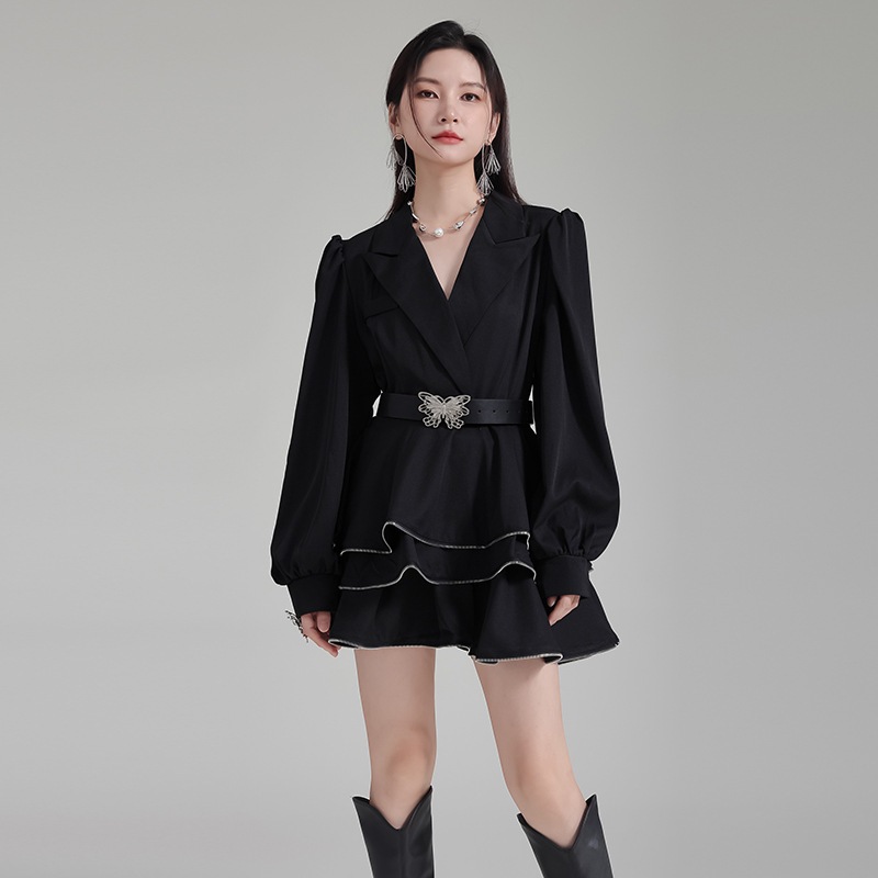 バブル袖スーツワンピース 長袖ドレス 韓国ワンピース