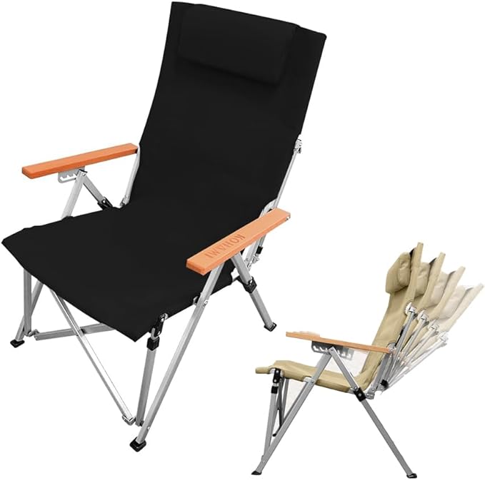 アウトドアチェア デッキチェア 折り畳み 4段階リクライニング 枕 背面ポケット 軽量 (黒)