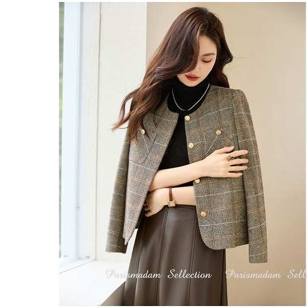 新品追加 ノーカラージャケット　ブラウン系　ツイードジャケット　イベント　セレモニー　パーティー　大きいサイズ有り　Sから2L20代30代40代50代60代