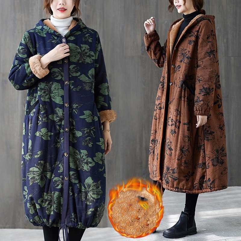 高級な質感中綿コートロング総柄裏起毛レディース前開きトップスコート長袖秋冬アウター体型カバーゆったりカジュアルカラー