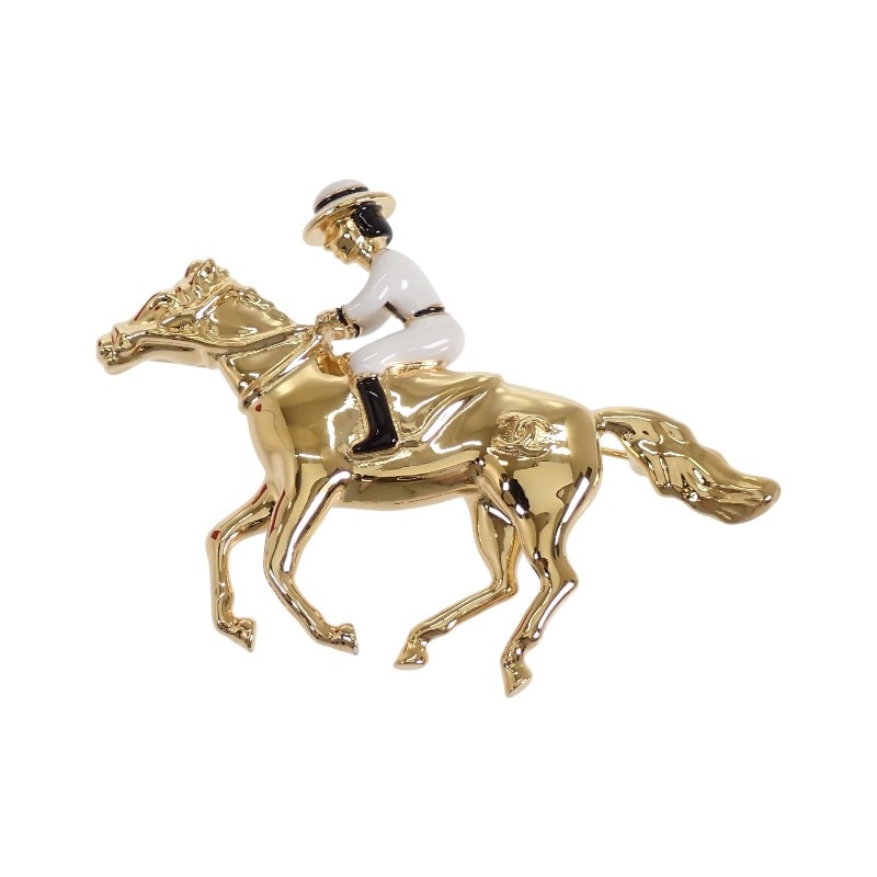 ココマーク ホース＆ジョッキー 馬モチーフ G26C ブローチ メタル ゴールド ホワイト レディース 箱付き【Aランク】