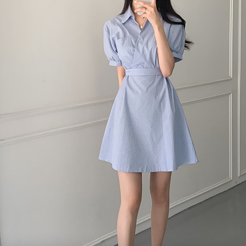 ワンピース デート かわいい 大人可愛い きれいめ シンプル カジュアル 大人 上品 おしゃれ ストライプ 半袖 Vネック ミニ丈 春夏 ウエストマーク 韓国　オフィス 通勤 休日 リボン 旅行モテ