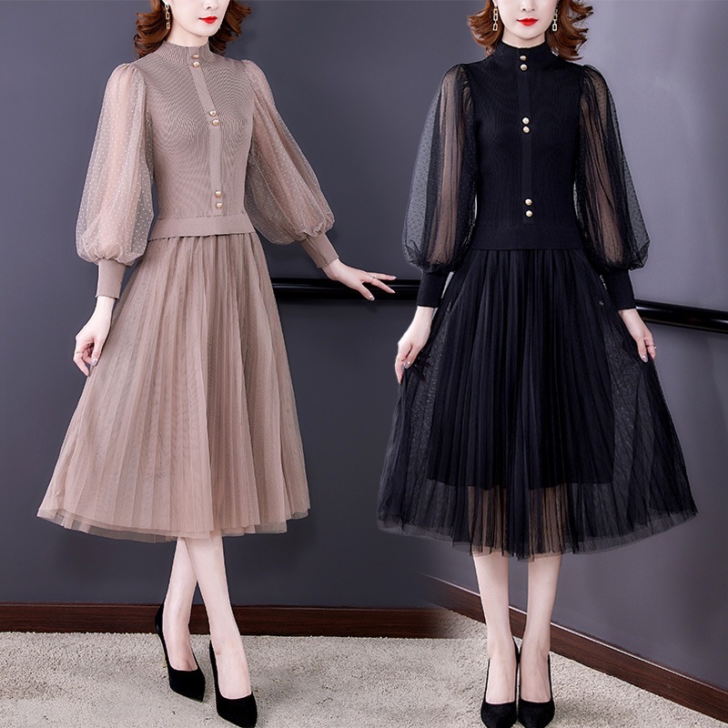 2023春秋ファッションワンピース ニットセーター レースメッシュロングワンピース 母の日