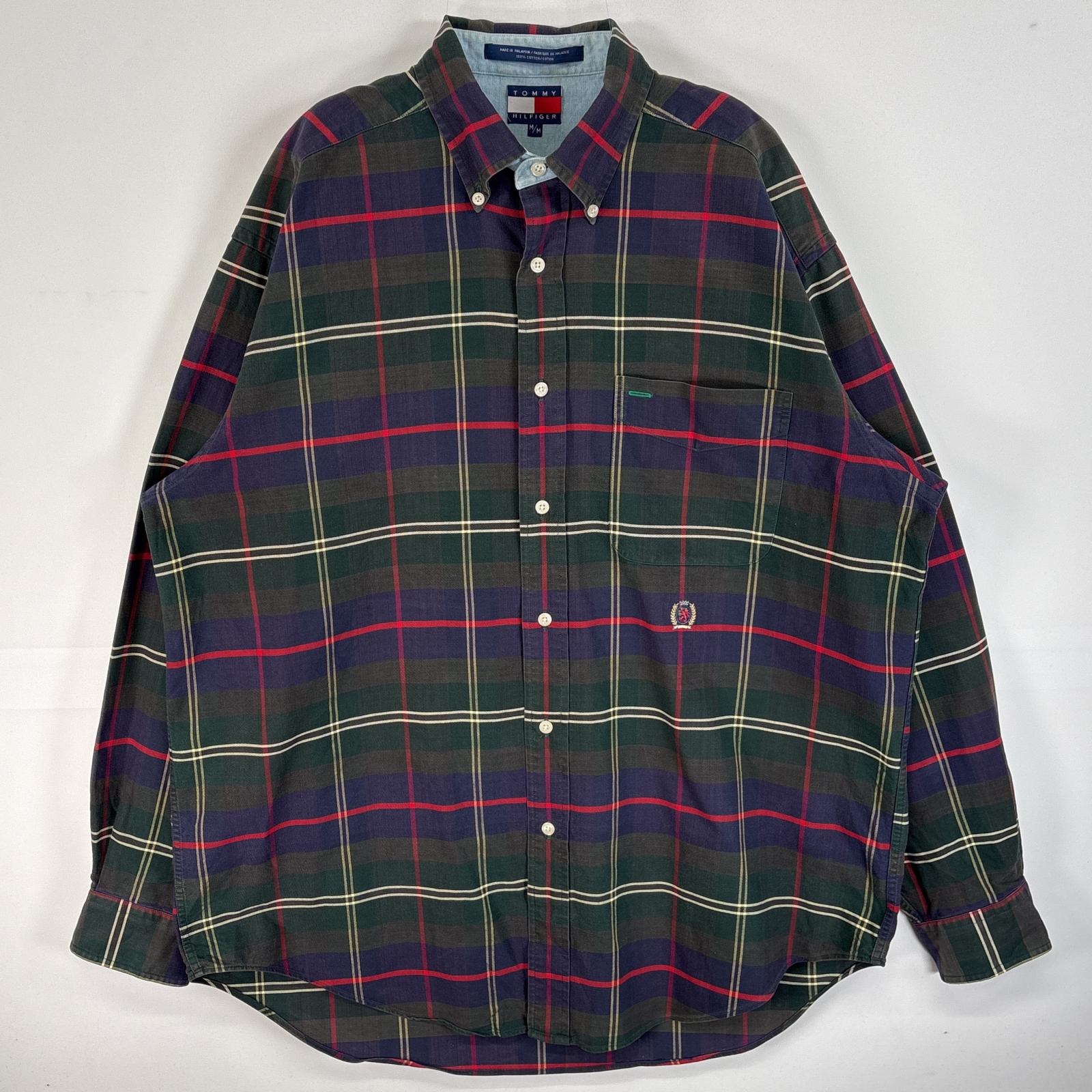 古着 90s/90年代 長袖シャツ チェック柄 ロゴ 刺繍 ボタンダウン M ネイビー系 マルチカラー メンズ