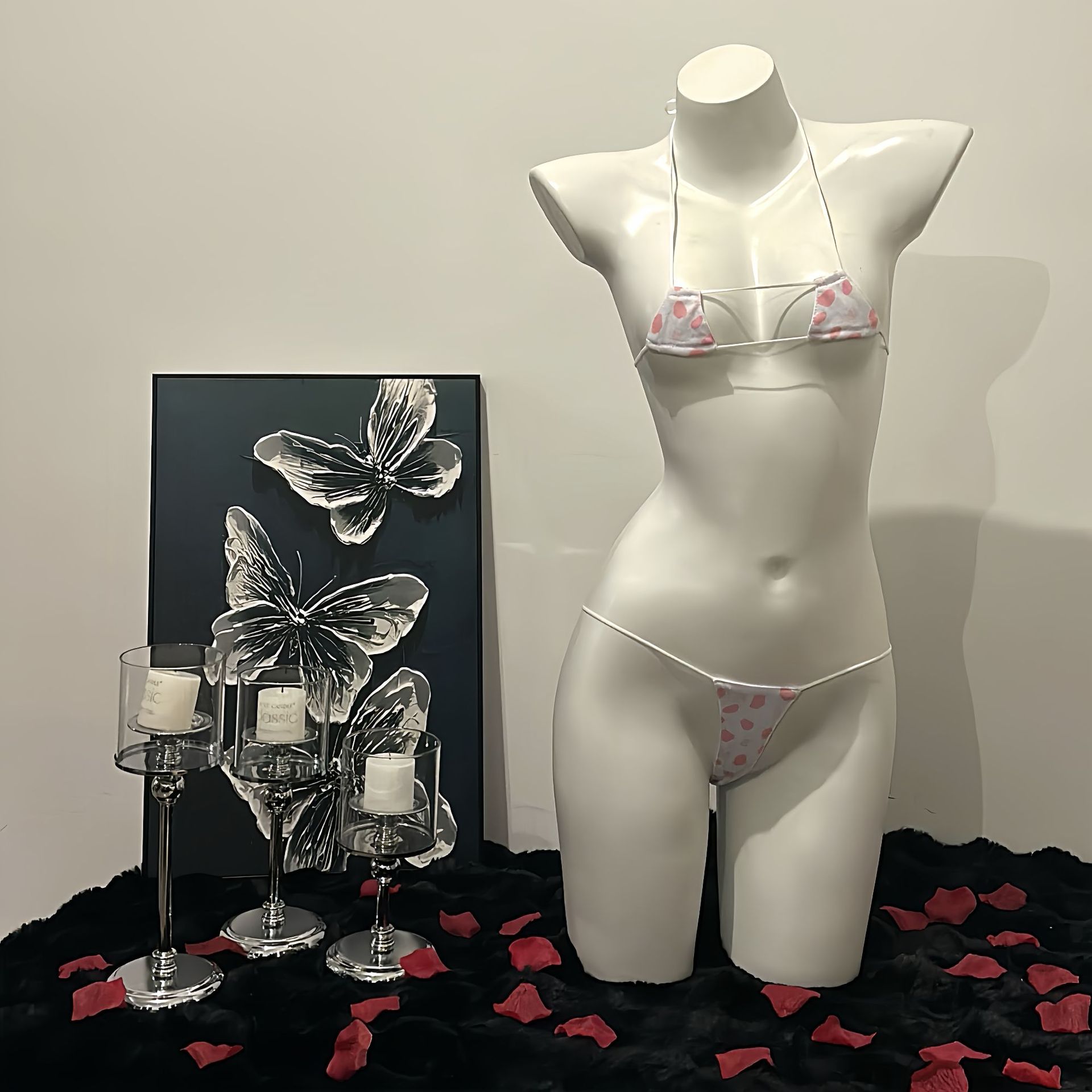 セクシーランジェリー ホルターネックビキニ レーススポットプリント 3点セクシーストラップ セクシーフリーパジャマ