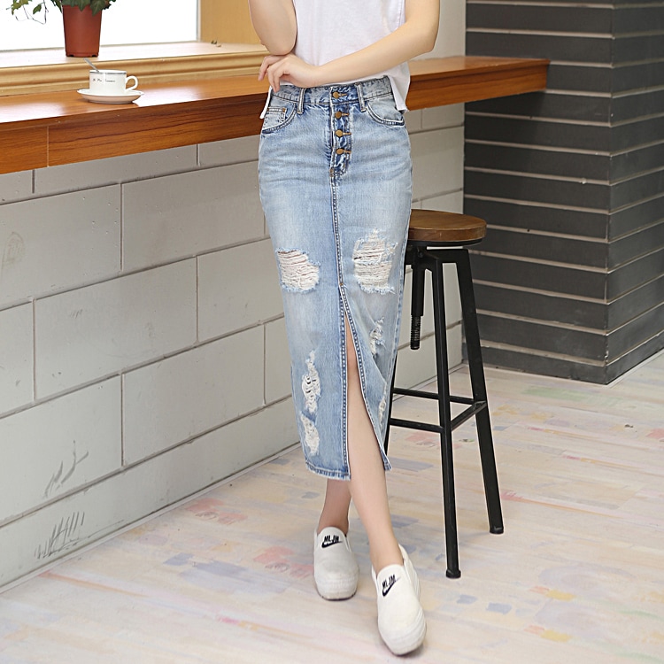 スカート デニムスカート 膝丈 スリム ストレート スリット ポケット ハイウエスト ダメージ ブルーデニム 大人可愛い きれいめ カジュアル おしゃれ かっこいい 大人女子 こなれ感 ラフ クール