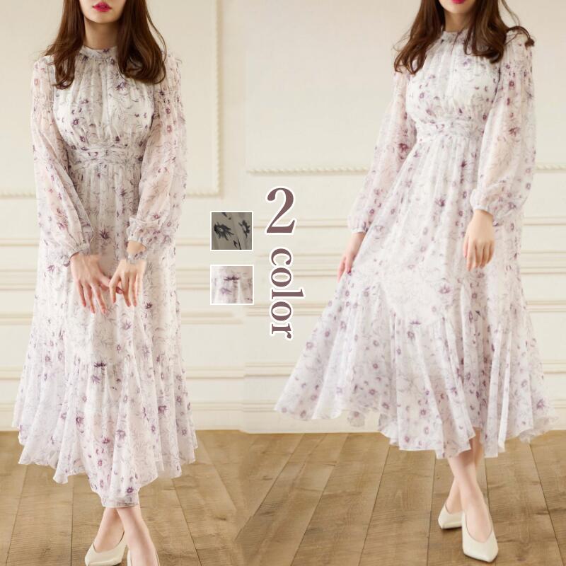 ワンピース プリントワンピース 総柄 ロング丈 ひざ下 透け感 レディース フレアーワンピース 春 秋 夏 ミモレ丈 重ね着 オケージョン 結婚式 二次会 パーティー 2025新作