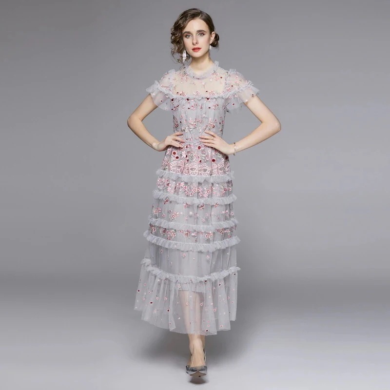 ラウンドネックシフォンレース刺繍フラーワンピース（半袖） 入学式 卒業式 結婚式 演奏会 パーーティー お呼ばれドレス