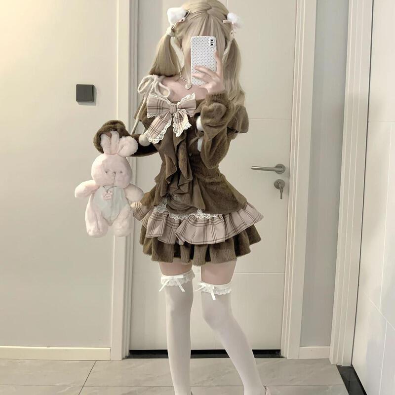 ヴィンテージガールスタイルパッチワークフリルウィンタードレスウエストスリミングオフショルダートップハイウエストティアードスカート若々しいロールプレイングツーピースセット