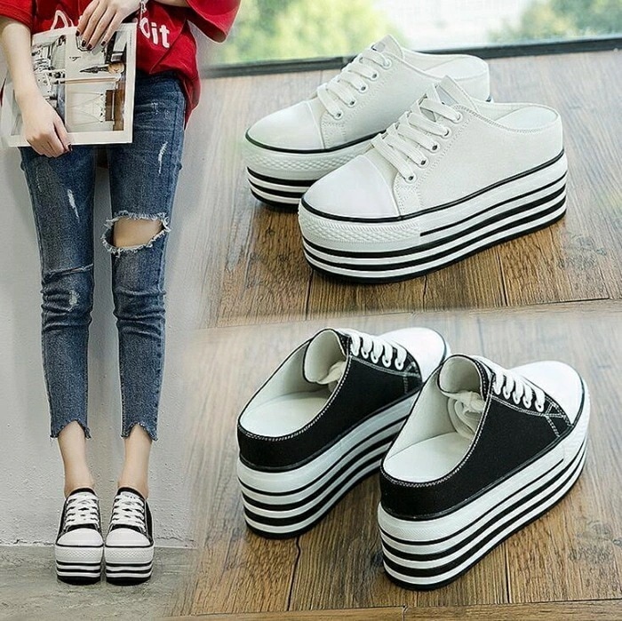 【即納】スニーカー 厚底スニーカー　サンダル　ローカットスニーカー 厚底 フラットスニーカー ヒール8.5cm　インヒール スニーカー レースアップ　シューズ レディース 靴　編み上げ痛くないフラ