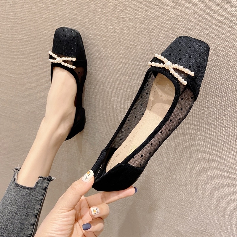 ドットチュールパンプス　レディース シューズ 靴 パンプス スリッポン レディースシューズ 1cmヒール ローヒール フラット ぺたんこ スクエアトゥ 歩きやすい 履きやすい 疲れにくい ビジュー 薄