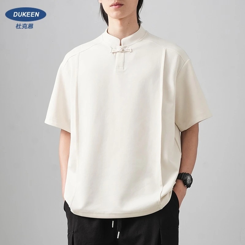 新中国風スタンドカラーtシャツメンズ半袖2024年夏新デザインバックル半袖中国風唐装tシャツ男性用