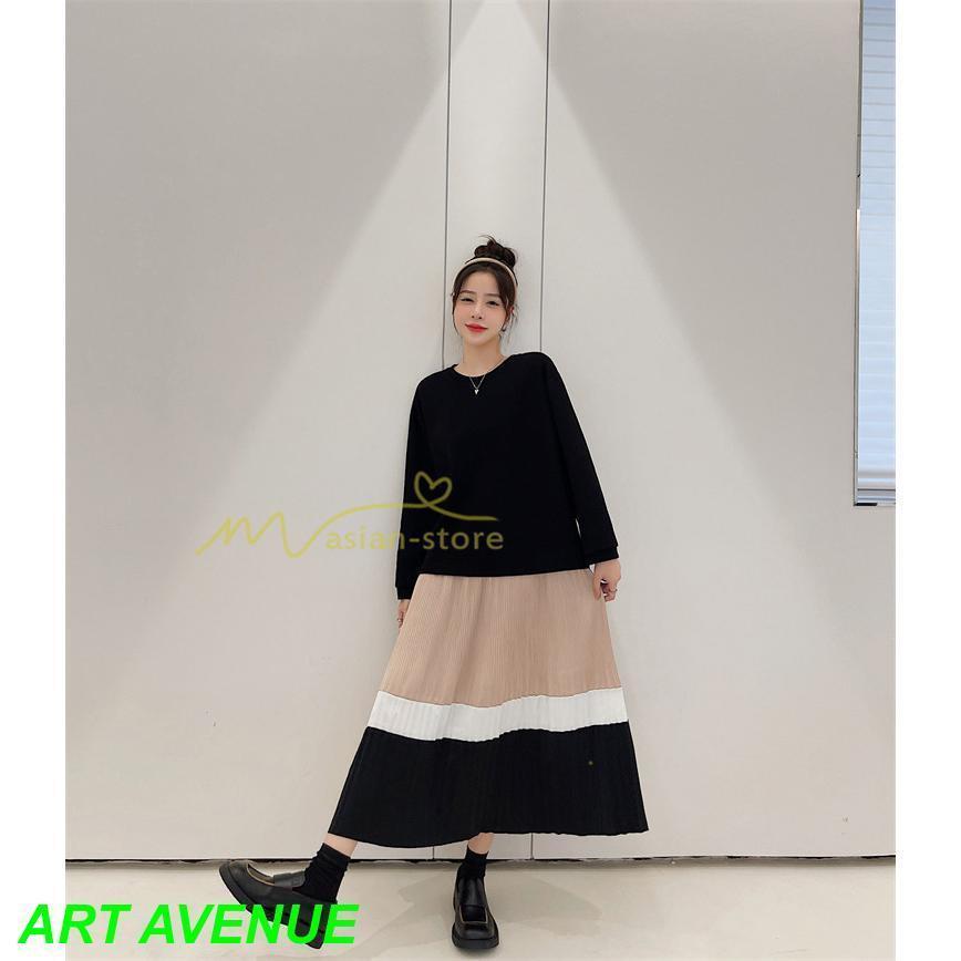 切り替えワンピース ドッキングワンピース 秋 レディース 裾プリーツワンピース ロングワンピース 大きいサイズ 秋物 長袖 大人 可愛い 30代50代