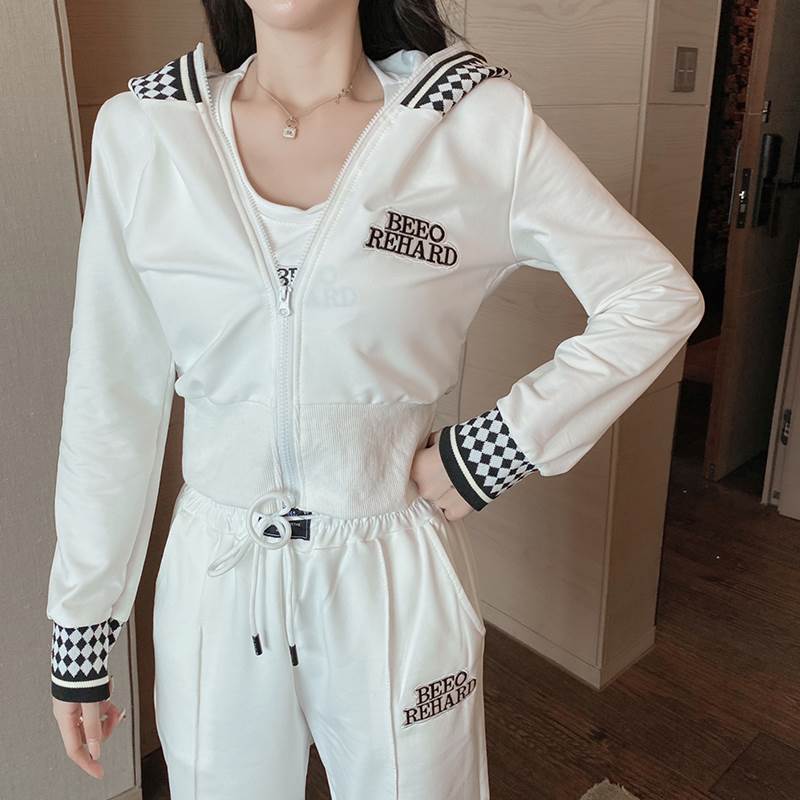 4色 スリーピース 3点セット スポーツウエア ジャージ ホワイト イエロー ピンク ブラック ハーリキンチェック パーカー フード ショート丈 リブ クロップドタンク ジョガーパンツ S M L ジ