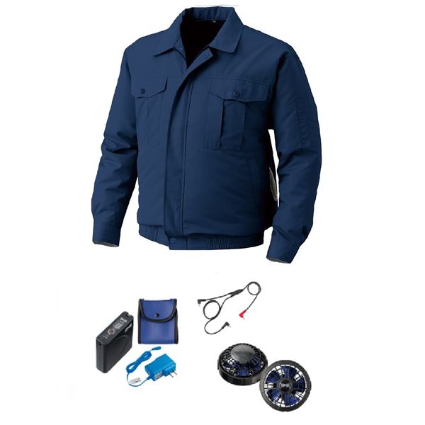 屋外作業用 空調服 [ファン色：BKBL 色：DBL 5L]チタン加工 パワーファンバッテリーセット