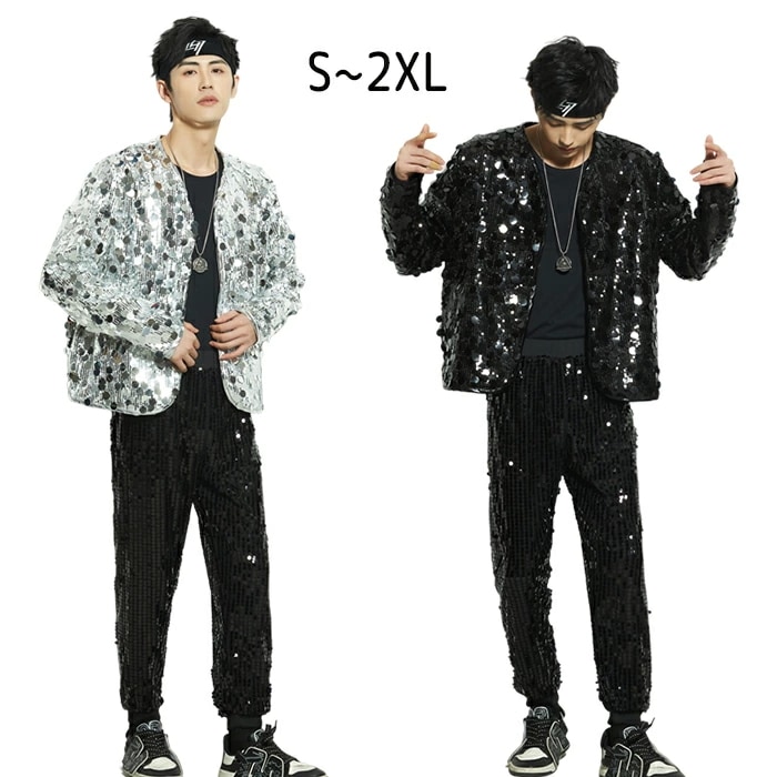 【赤字販売*速達】メンズ舞台演出服コート スパンコール ジャケット キラキラ 2点セット パンツ ジャケット 舞台演出服 歌手 バー カラオケ ジャズダンス ステージ レザー ジャケット シルバー ブ