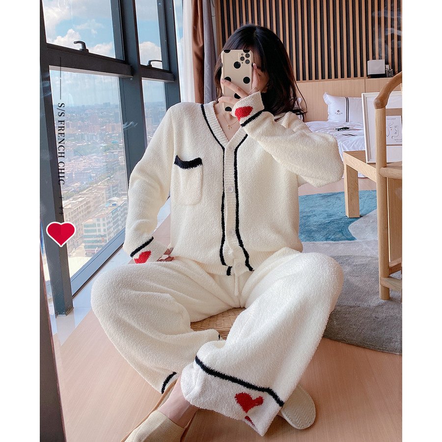 パジャマ 冬 レディース ポリエステル 厚手 厚い ナイトウェア 長袖パジャマ 無地 前開き かわい 5,456円