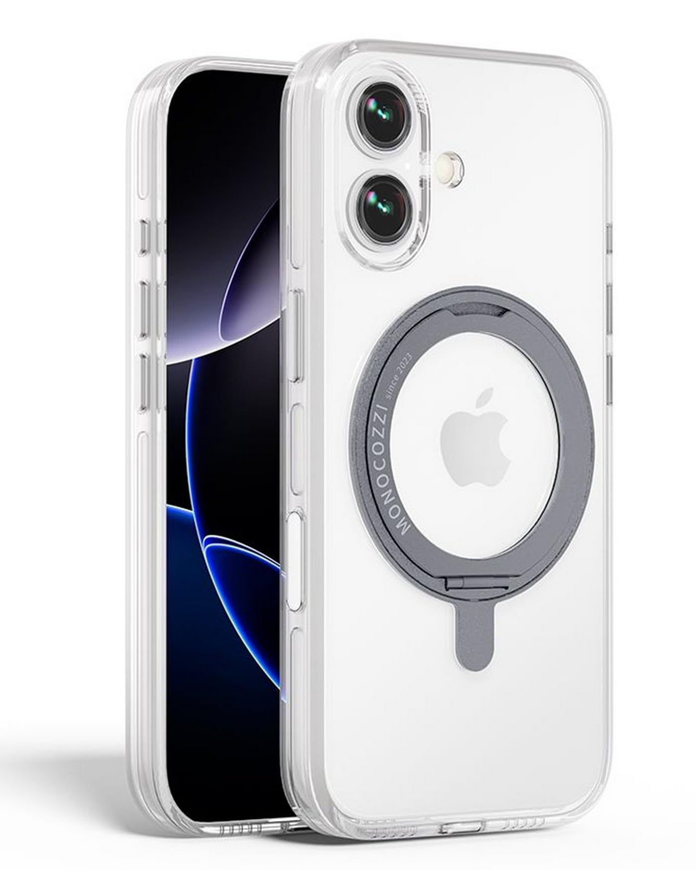 【MONOCOZZI】 iPhone 17 対応 ケース クリア MagSafe 対応 回転 リング スタンド 付き 耐衝撃 スマホケース カメラ レンズ 保護 マグセーフ 透明 頑丈 携帯ケース [