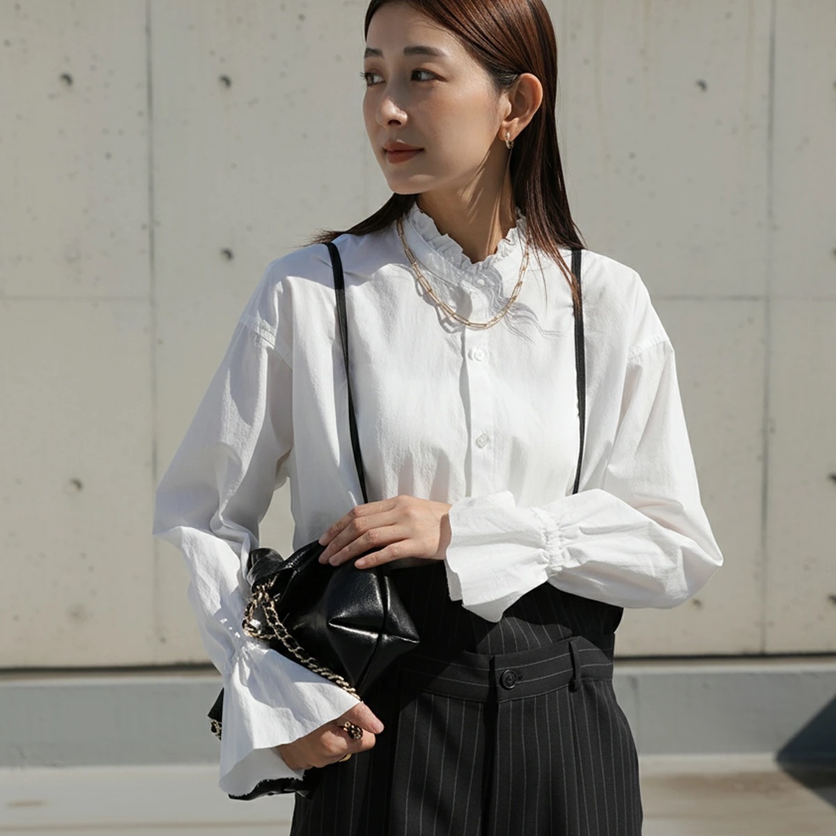 Le Melange ル・メランジュ ブラウス 8853201 レディース シャツ フリル コットン キャンディースリーブ 長袖 001/OFF-W 【ts】