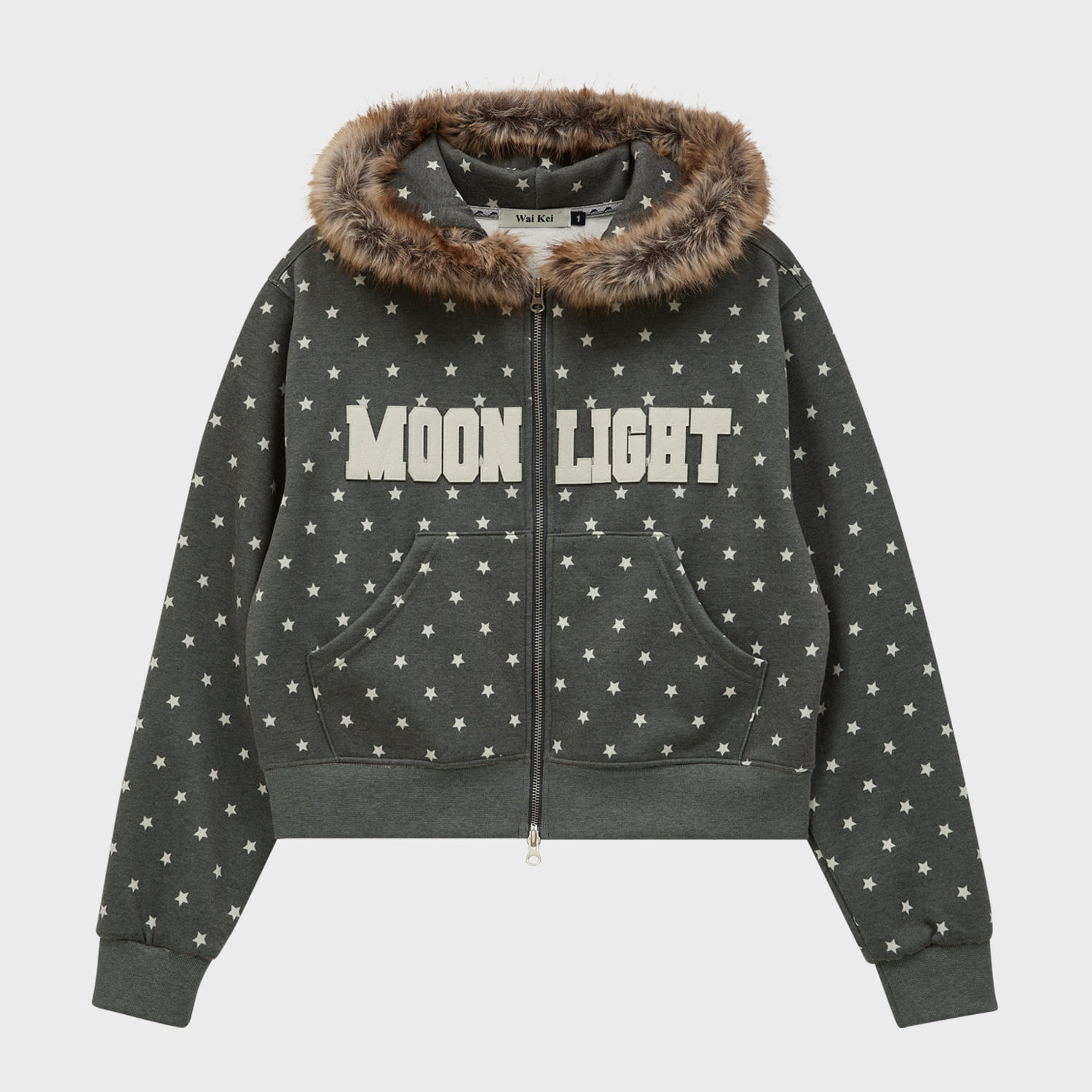 MOONLIGHT Applique Fur Hood Zip Up CHARCOAL