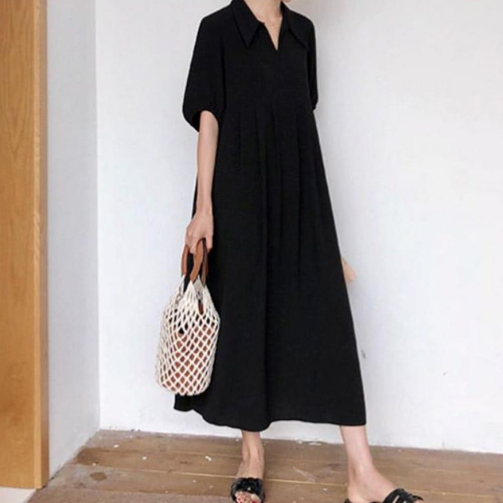 半袖バルーン袖カラーネックロングワンピースブラックカラーOPS