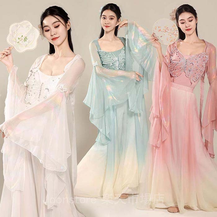 古典ダンス衣装 セットアップ 古典舞踊ウェア ダンス 飄逸 チャイナ民族ダンス 演目ダンス衣裳 長袖 カーディガン 羽織 透け感 重ねスカートパンツ レディース ダンスウェア ダンス レッスン着 練習