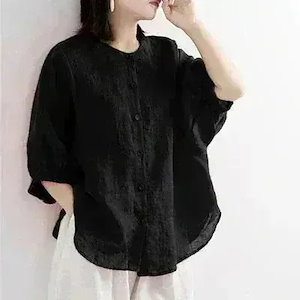 メガ割激安本日綿麻 ブラウス 体型カバー にも快適 シャツ Tシャツ 通勤 百掛け トップス レディース 着痩せ チュニック クルーネック半袖 無地 薄手 大きいサイズ