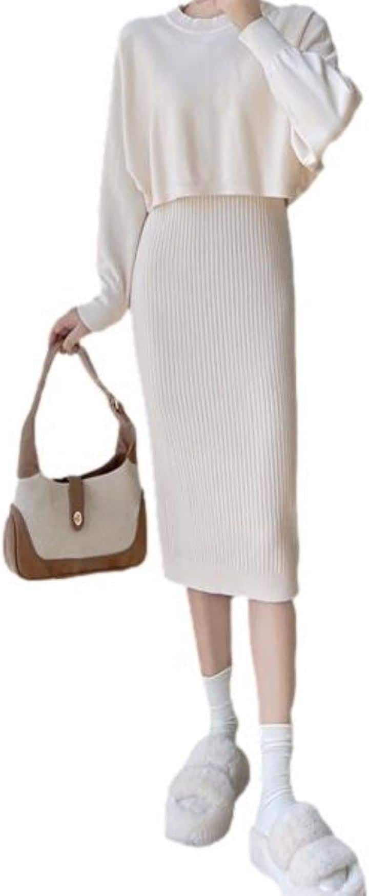 ワンピース ニット セットアップ レディース 膝下丈 ニットプルオーバー ドルマンスリーブ 丸首( アイボリー, XL)