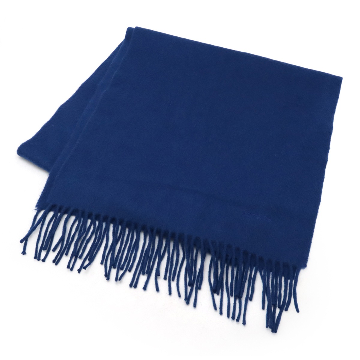 マフラー ストール フリンジ ロゴ刺繍 カシミヤ100% ブルー