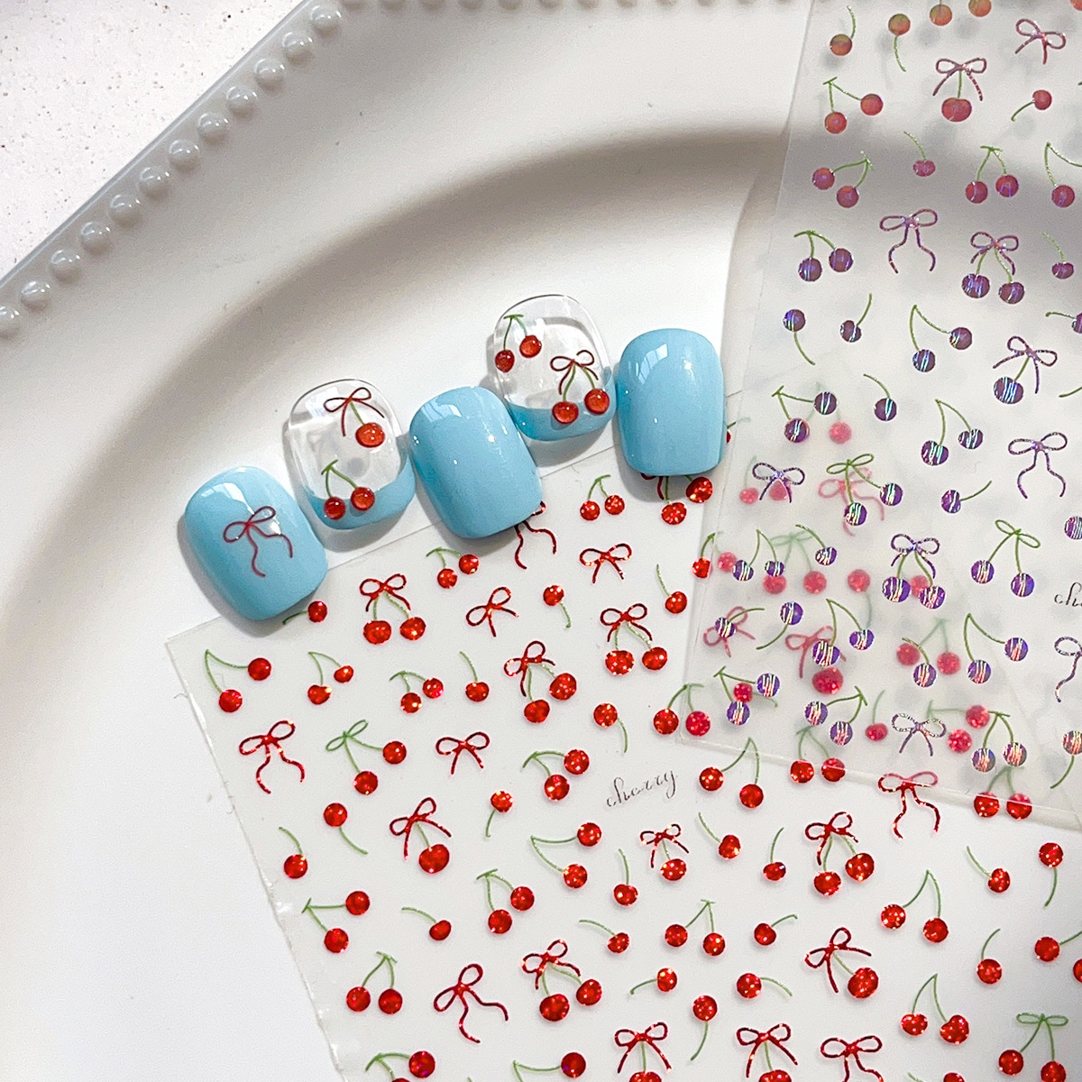 【1点ご購入 で10点プレゼントいたします】ゼリーさくらんぼリボンネイルシールシンプルでかわいいデコレーションシール