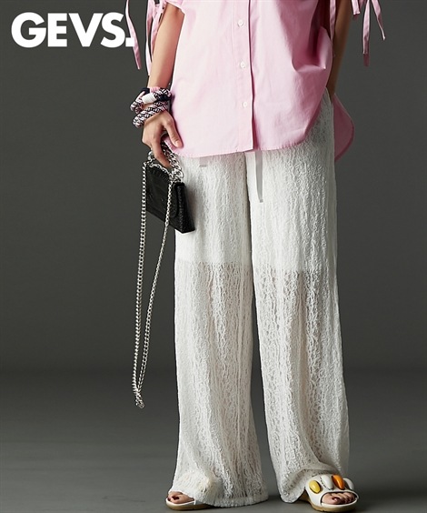 ロングパンツ ストレッチレースワイドパンツ 大きいサイズ有 GEVS.