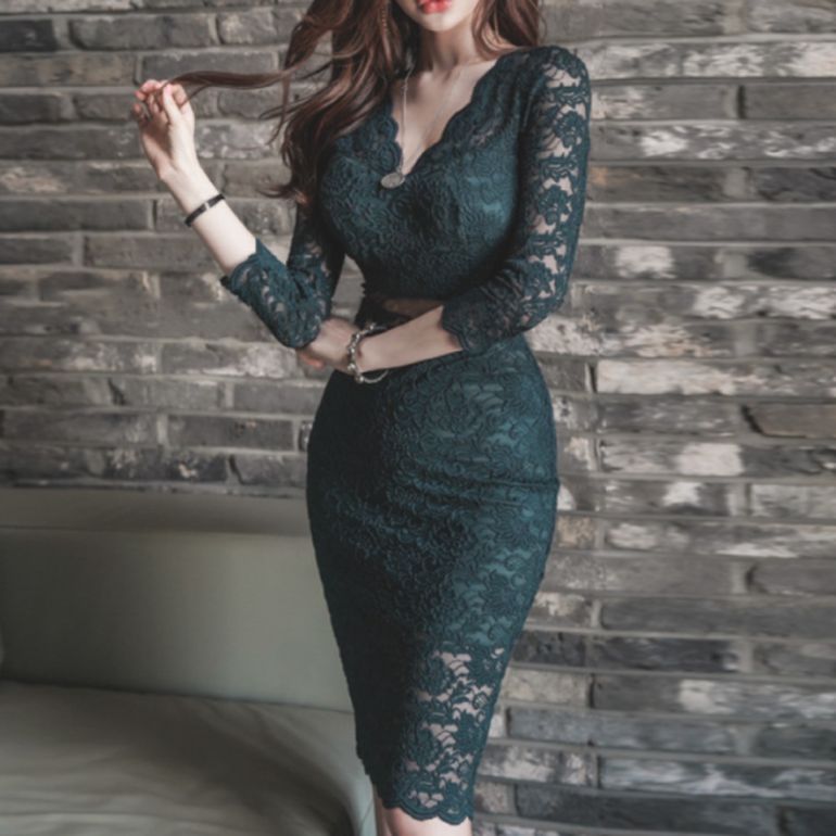 パーティードレス 韓国 ドレス 個性的 ワンピース プチプラ 結婚式 緑 ダークグリーン キャバ 総レース クラシカル 高級感 デコルテ タイト エレガント フォーマル 袖あり 七分袖 膝丈 セクシー