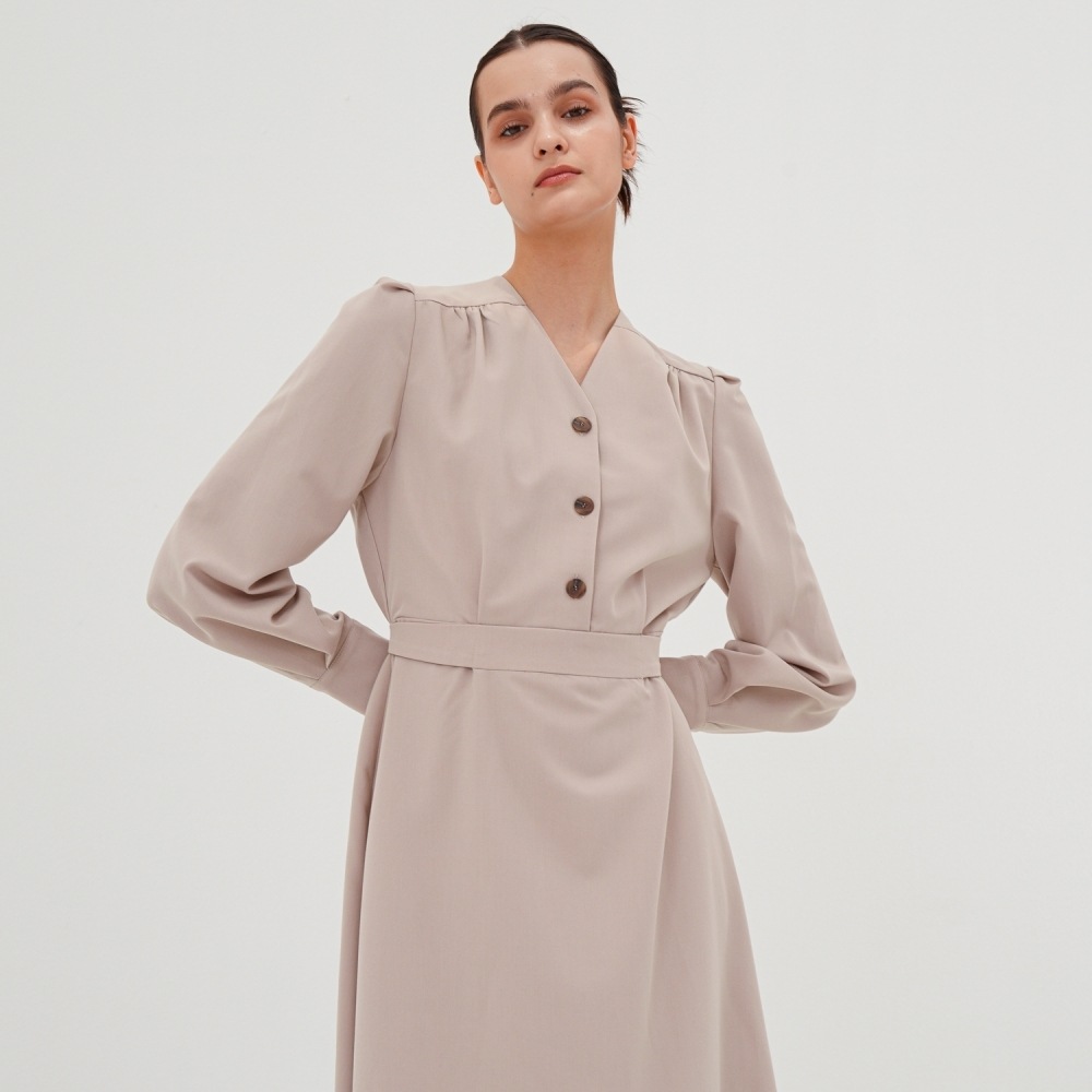 ACUD Vネック長袖シャツワンピース_ベージュ