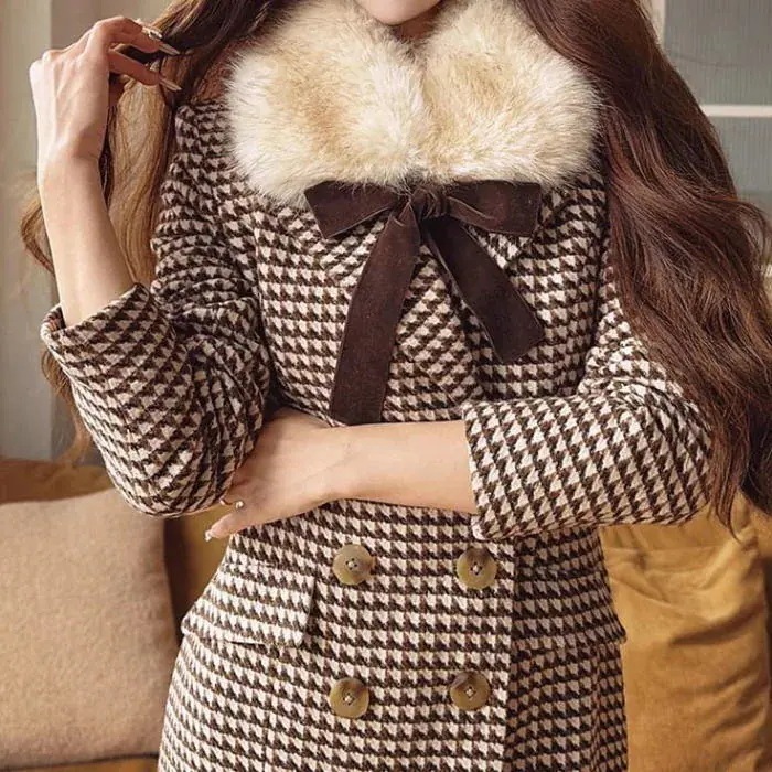 コート テーラードカラー フェイクファー リボン 総柄 長袖 マーメイドライン コート ブラウン 茶色 アウター レディース 大人 お嬢様防寒 上品 きれいめ オシャレ 人と被らない 他と被らない