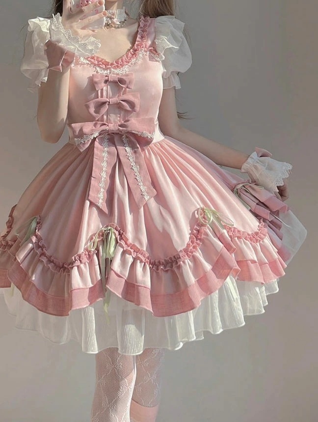 迅速な出荷 ミドル丈 ロリータ ワンピース ゴスロリ＆ロリータ服 半袖 ロリータ ドレス 膝丈 お姫様ドレス レディース 大人 女子 裾フリル リボン LOLITA ロリータファッション 可愛い 甘ロ