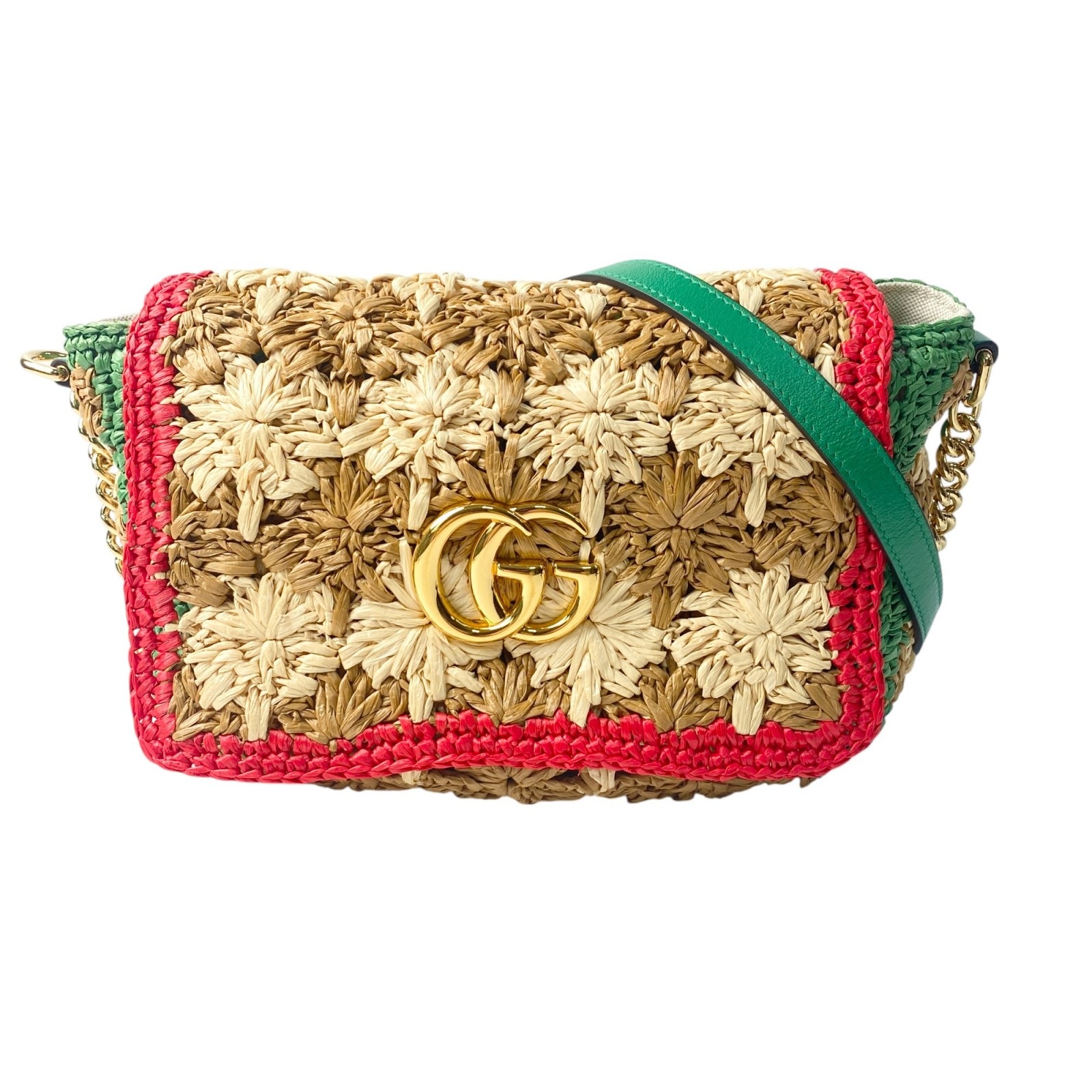 美品 グッチ GUCCI レディース GG マーモント ショルダーバッグ 574433 ラフィア 斜めがけ クロスボディ