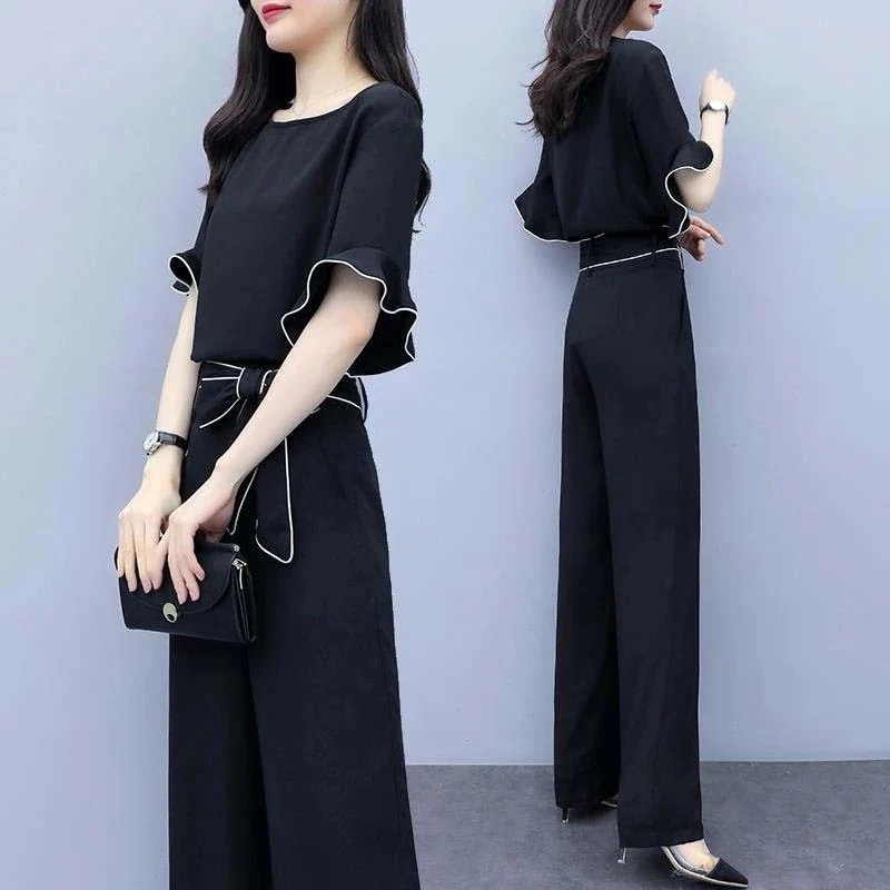 涼しく楽ちんセットアップワイドパンツ夏2025作レディース気質シフォンハイウエスト着やせおしゃれカジュアル二点セット