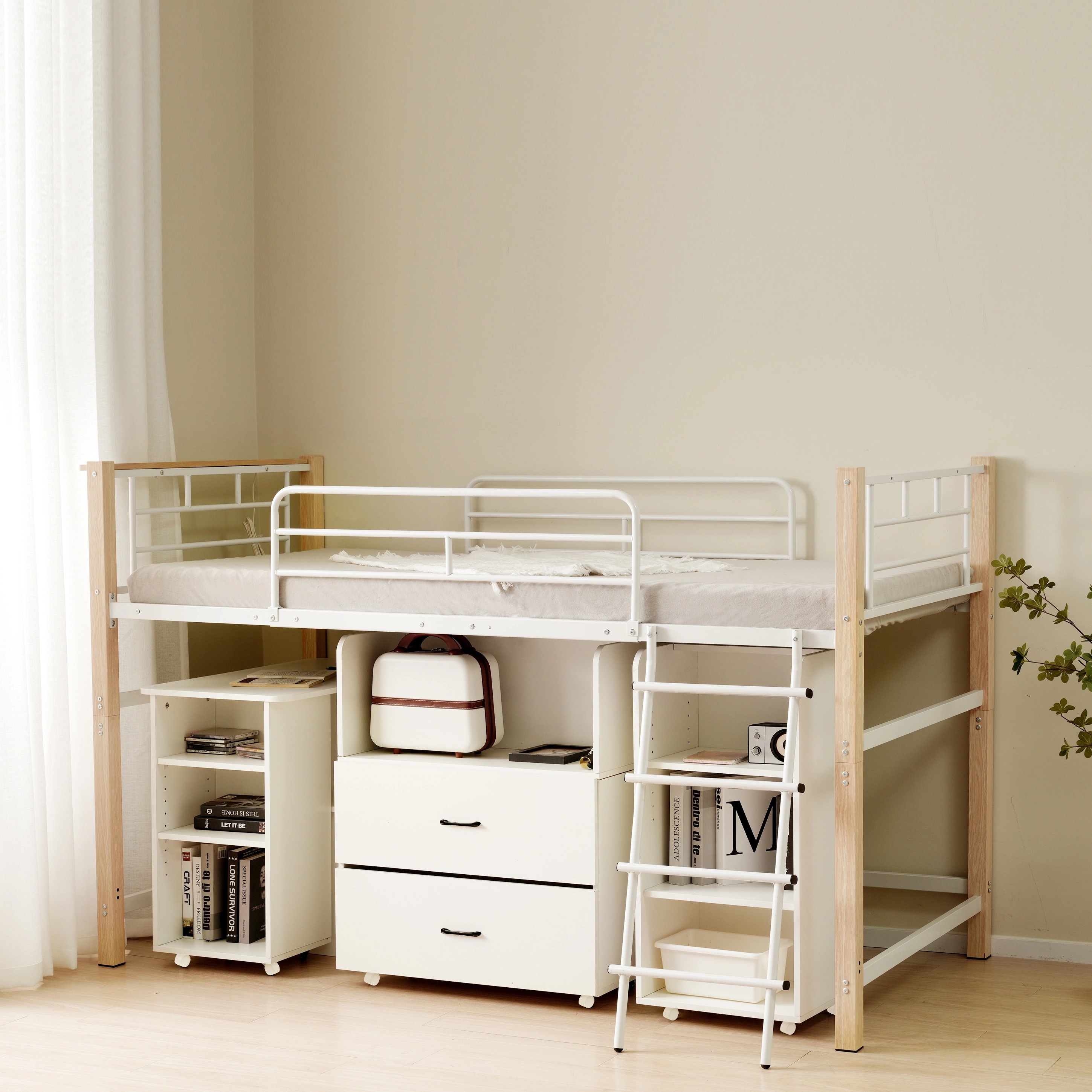 128【4梱包】【高さ130cm】システムベッド 4点セット ロフトベッド+デスク＋収納ラック＋シェルフ ロフトベッド 宮 コンセント 省スペース スチール 耐震 ベッド パイプ 金属 社員寮 学生寮