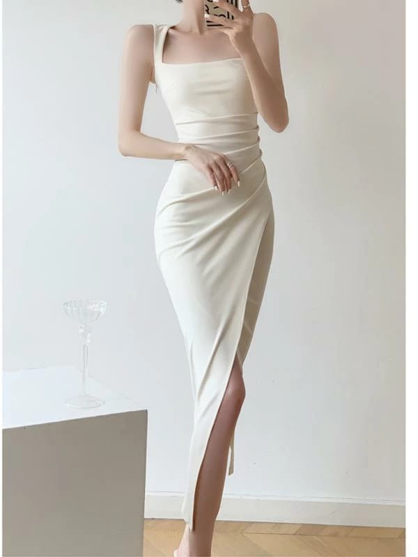 イブニングドレス レディース 夏 スクエアネック フレンチ マーメイド ロング ジップアップ ノースリーブ スリット シンプル きれいめ 白