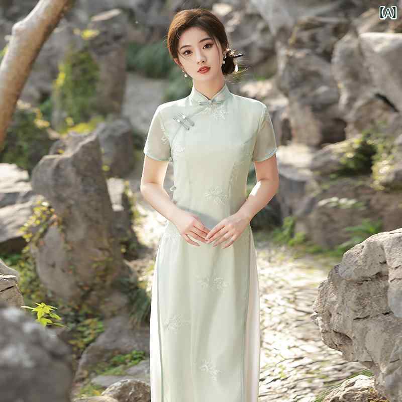 アオザイ チャイナドレス 夏 レディース ワンピース ティー ロング丈 グリーン ホワイト ブルー