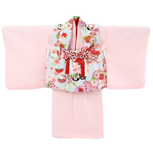 レンタルza2祝着 1歳 女の子 着物 二部式着物 被布セットピンク無地着物に水色被布（花車と牡丹）ひな祭り 衣装 初節句