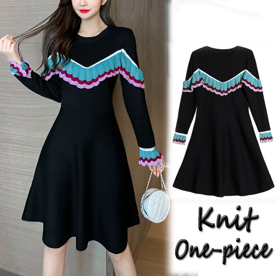 ワンピース レディース ニットワンピ ラウンドネック ひざ丈 Aライン バイカラー ニットセーター